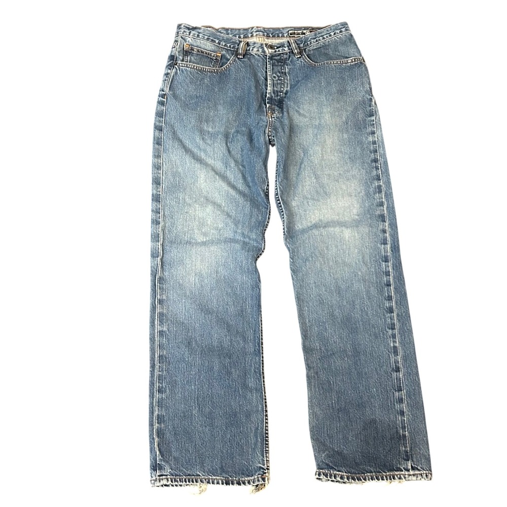 Volcom Black Ball Jeans Mens 34x32 Blue Denim Button Fly Relaxed Straight Leg